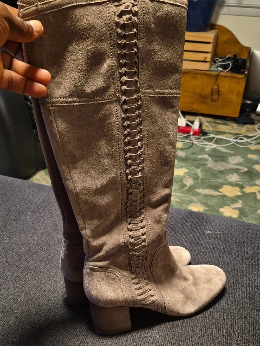 Franco Sarto Taupe Suede Over-the-Knee Boots with Braided Panel